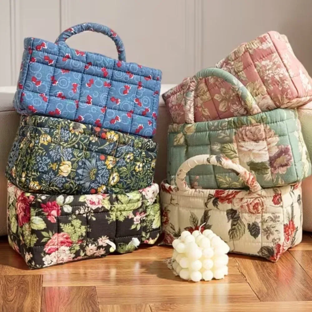 Vintage Floral Quilted Storage Basket Fabric Organizer Bin with Handles